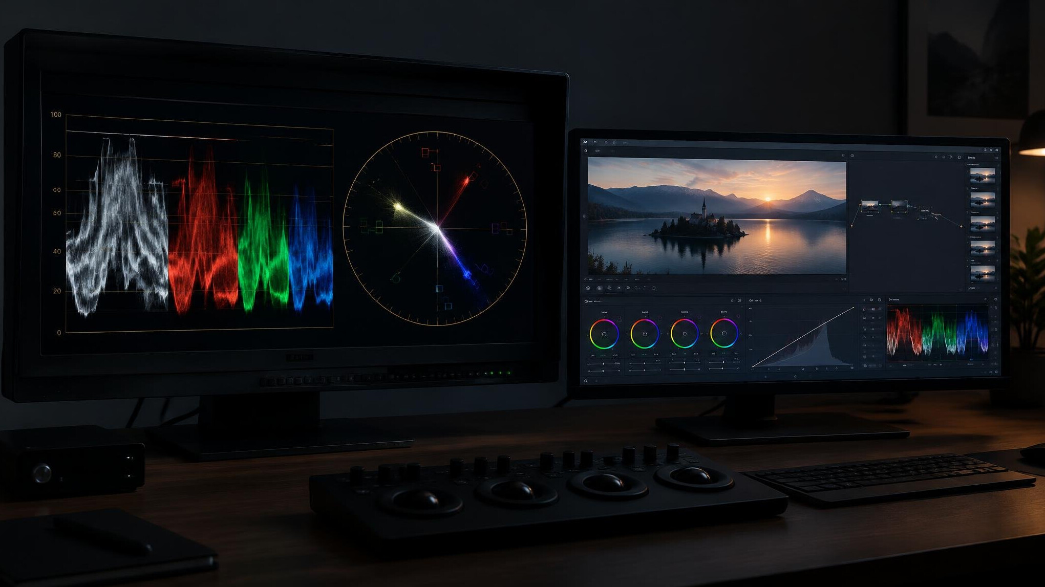 Waveform and vectorscope monitor beside a colour grading screen