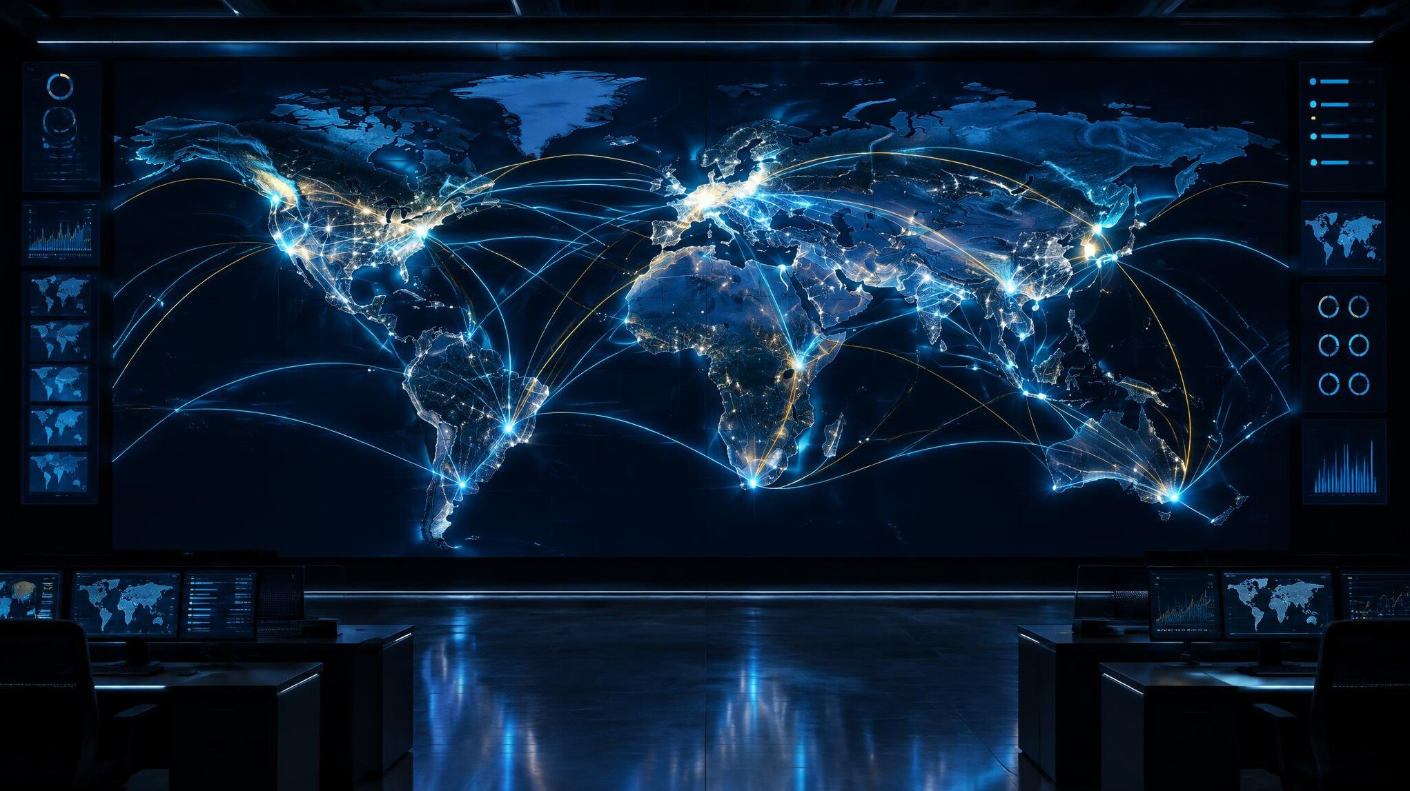 Globe network map made of glowing connection lines on a dark screen