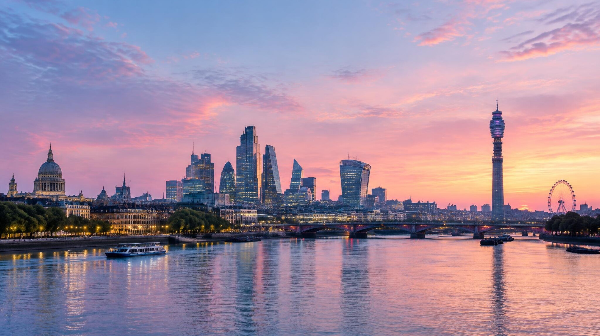 London skyline at dawn with a communications tower
