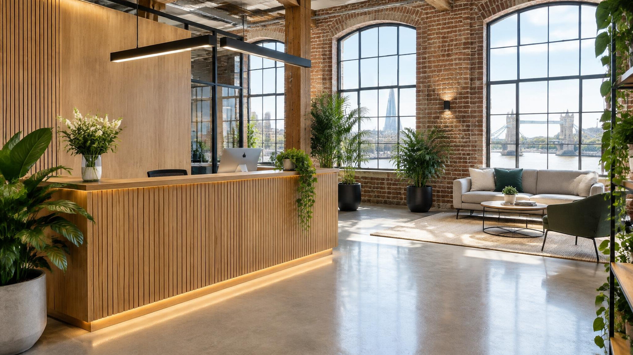 Bright modern office reception with wooden desk and plants