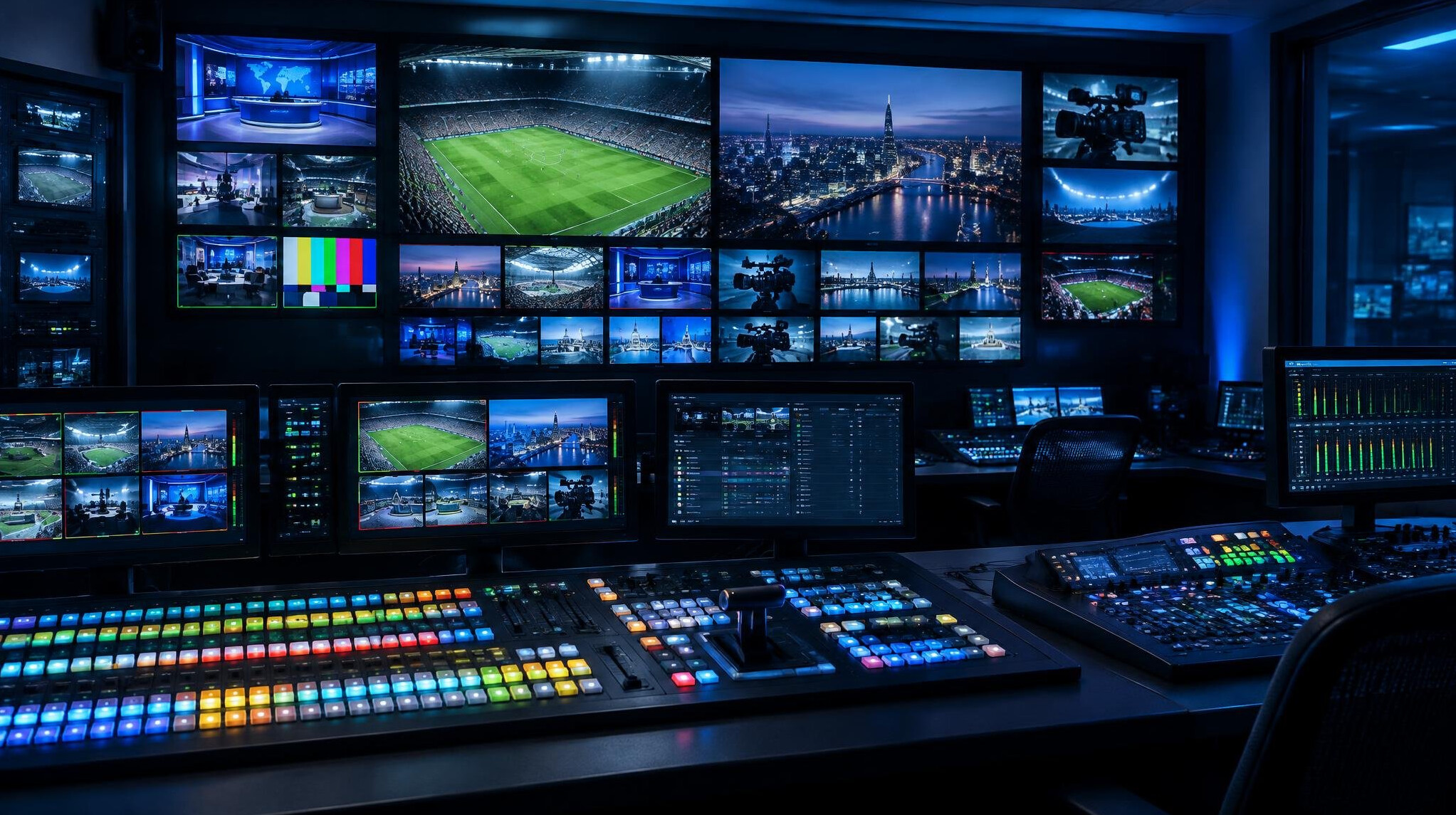 Broadcast control room with many monitors showing live video feeds