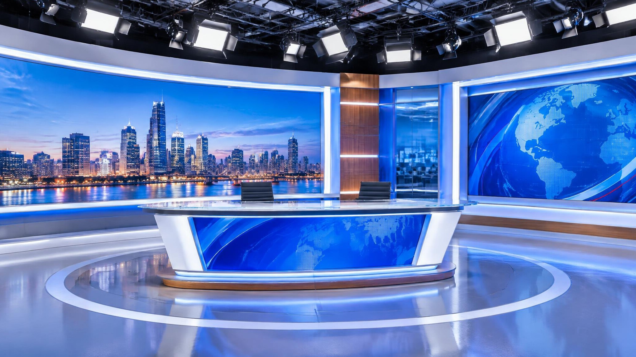 Empty television studio set with lighting rig and desk