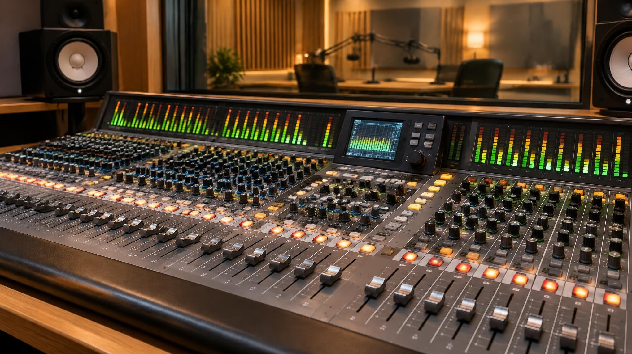 Audio mixing desk with faders and knobs in a broadcast studio