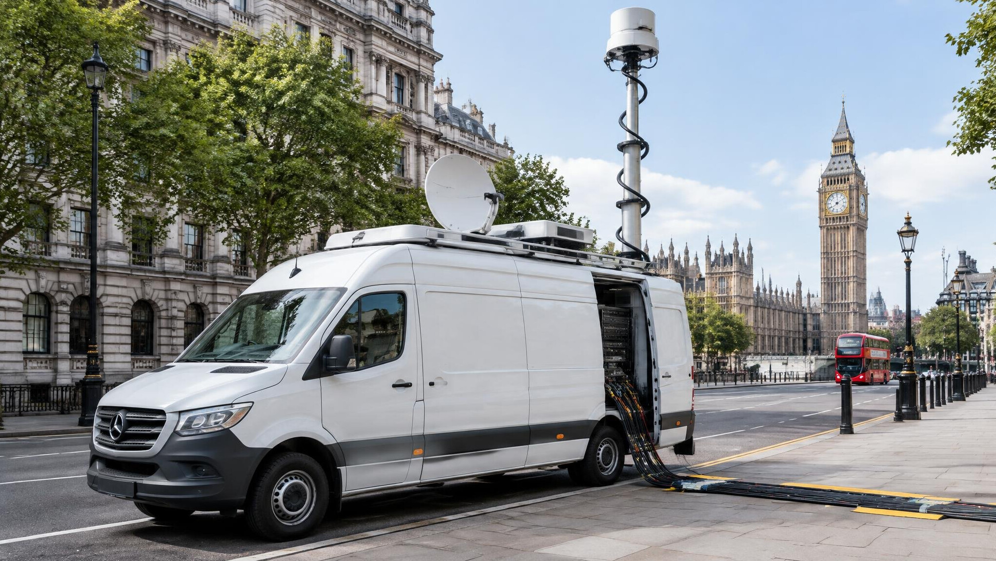 Outside broadcast van with telescopic mast on a city street
